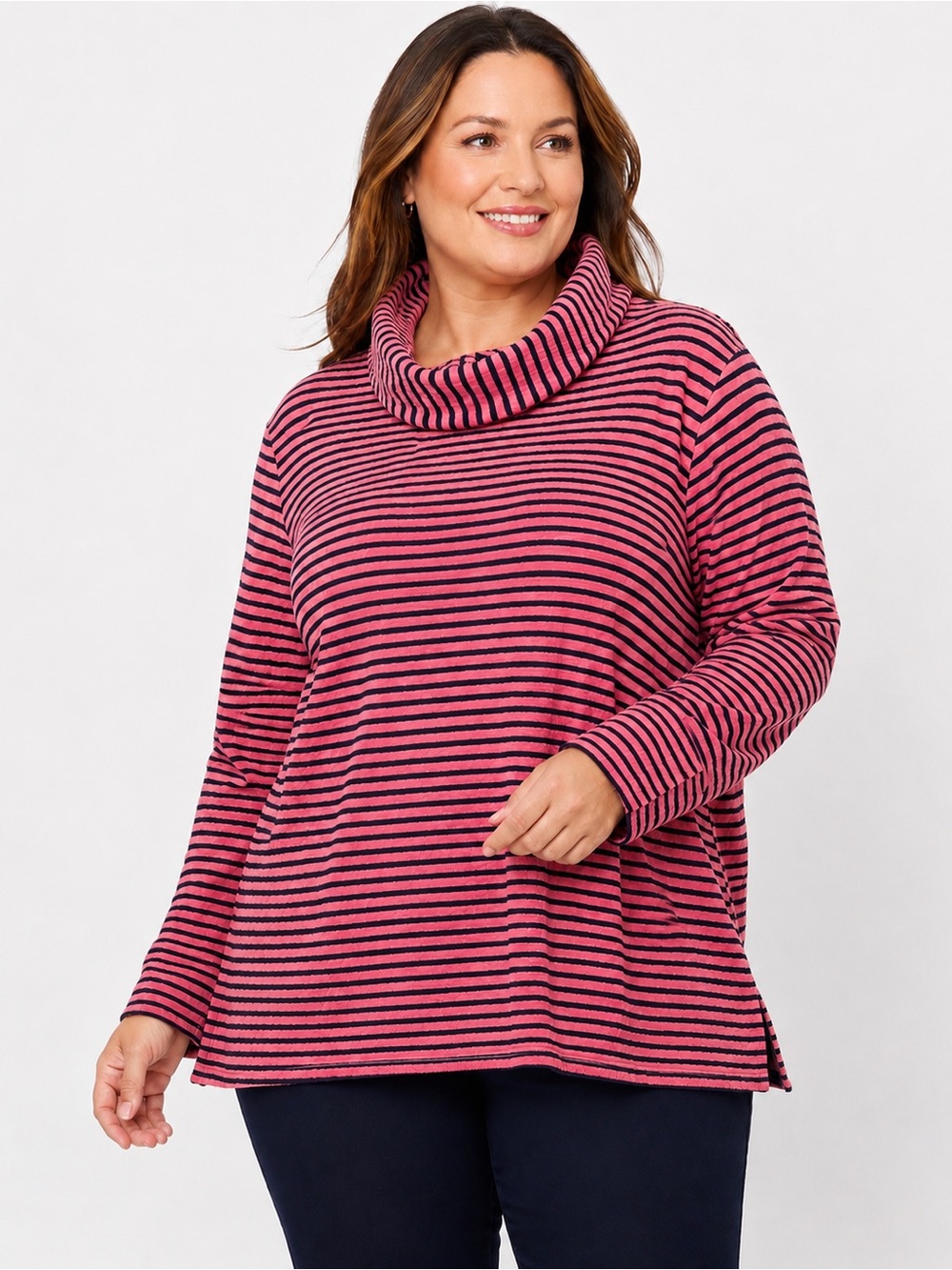 Talbots Plus Petite 2XP Coral Navy Striped Cowl Neck Tunic Top